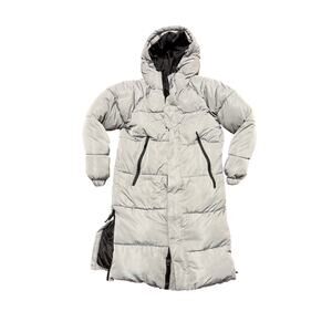 Bershka Women’s Silver Gray Longline Hooded Puffer Coat XS Side Zip